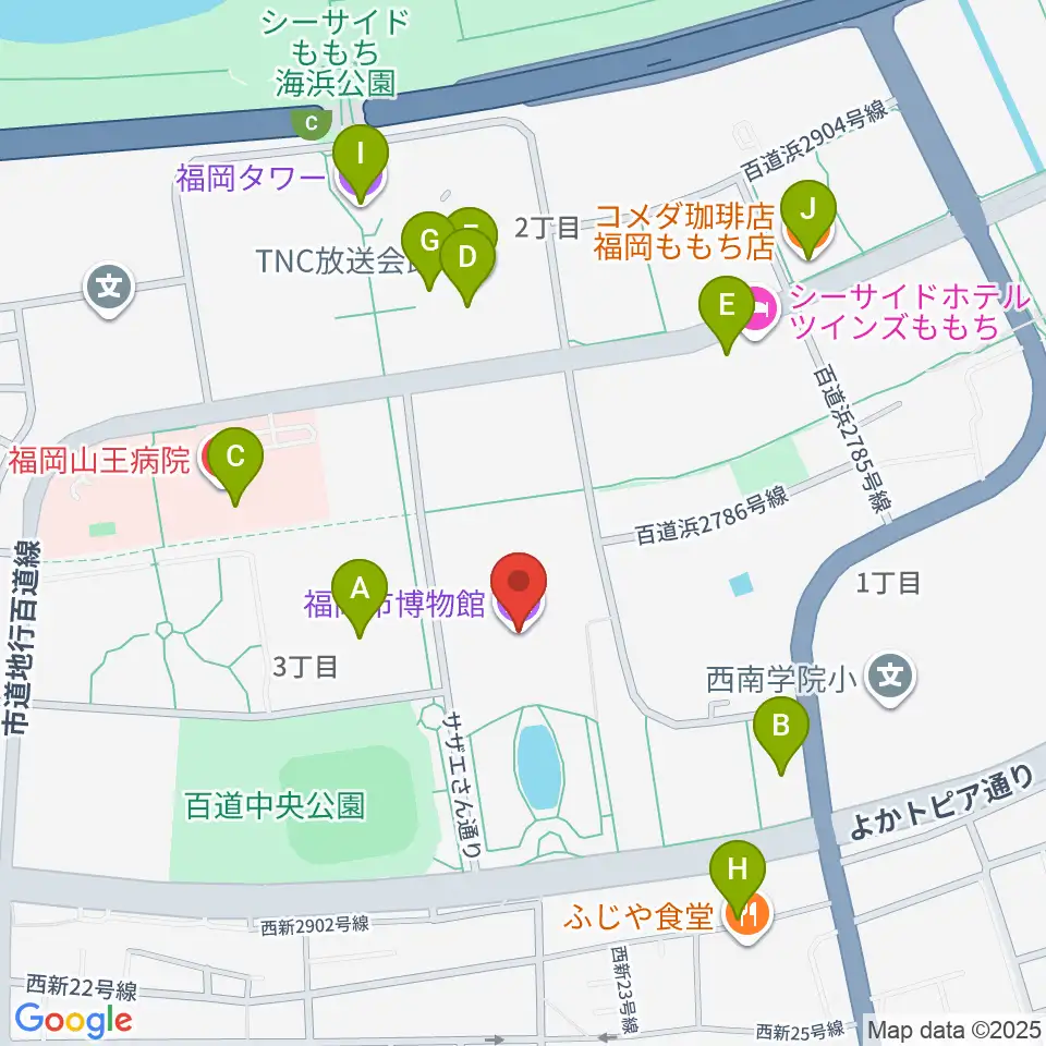 福岡市博物館周辺のカフェ一覧地図