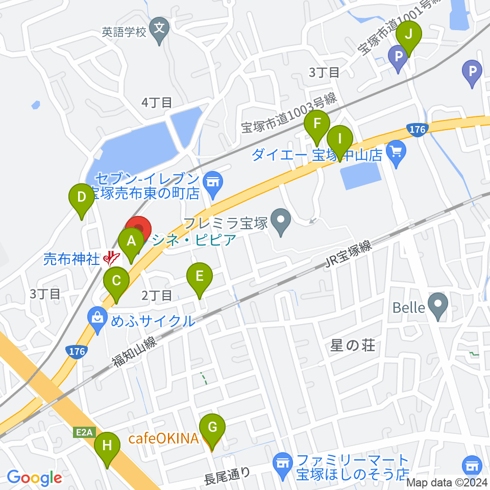 宝塚シネ・ピピア周辺のカフェ一覧地図