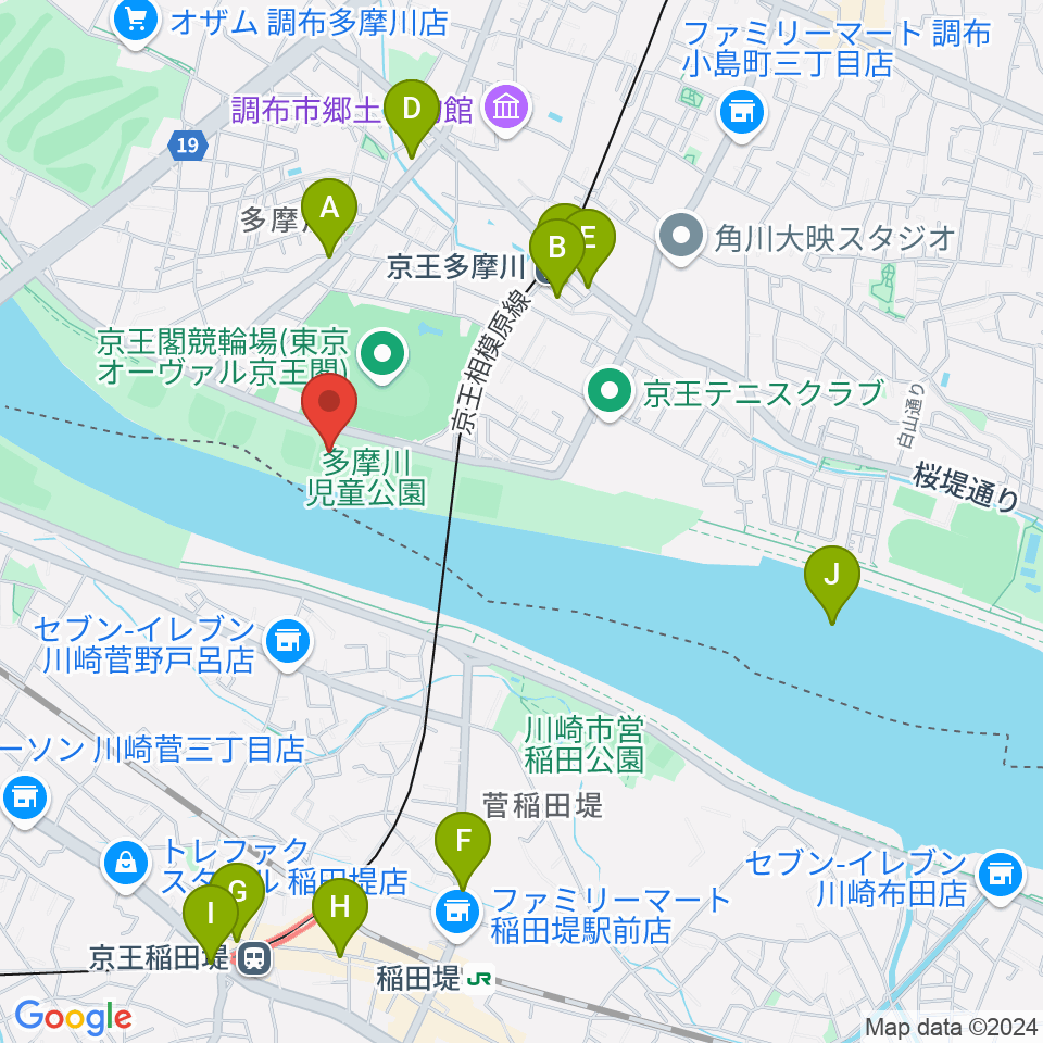 多摩川児童公園少年野球場周辺のカフェ一覧地図