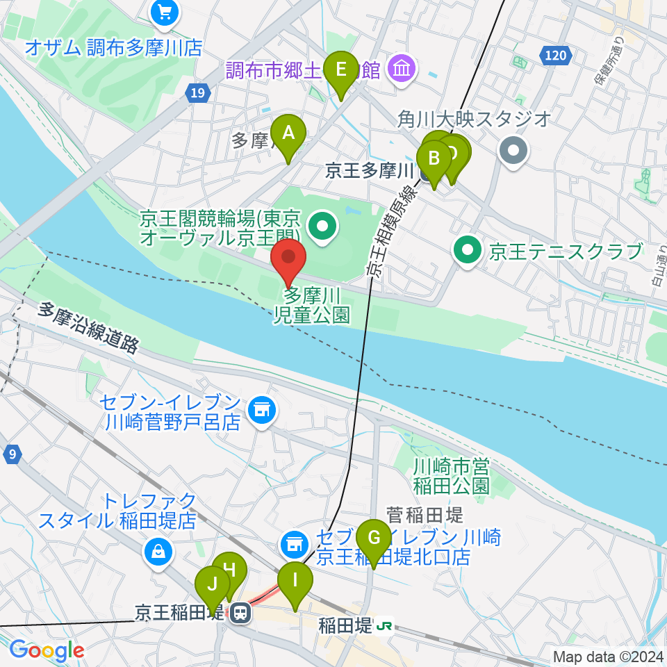 多摩川児童公園少年野球場周辺のカフェ一覧地図