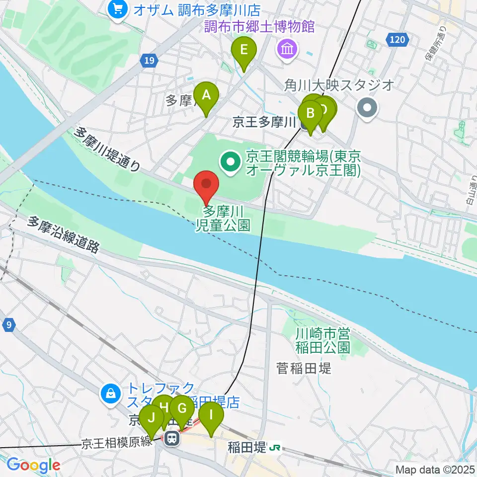 多摩川児童公園少年野球場周辺のカフェ一覧地図