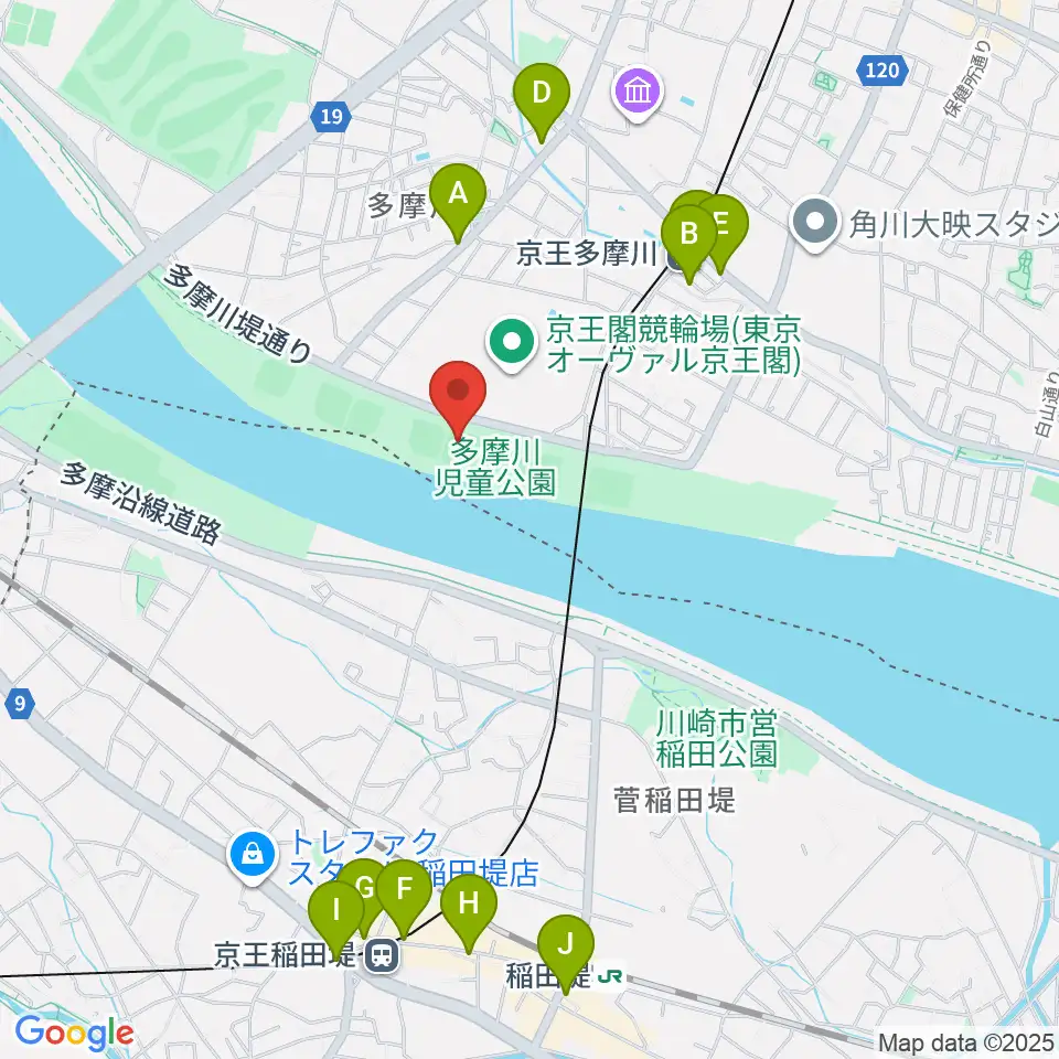 多摩川児童公園少年野球場周辺のカフェ一覧地図