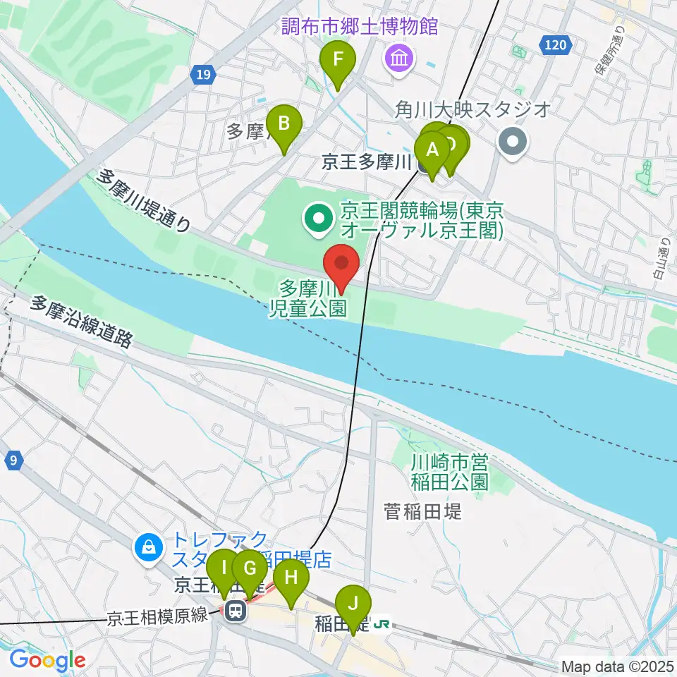 多摩川児童公園ソフトボール場周辺のカフェ一覧地図