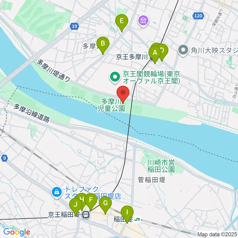 多摩川児童公園ソフトボール場周辺のカフェ一覧地図
