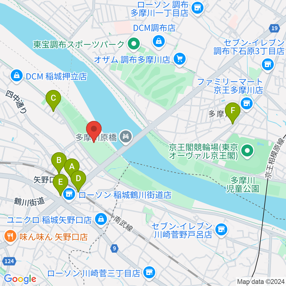 多摩川緑地公園野球場周辺のカフェ一覧地図