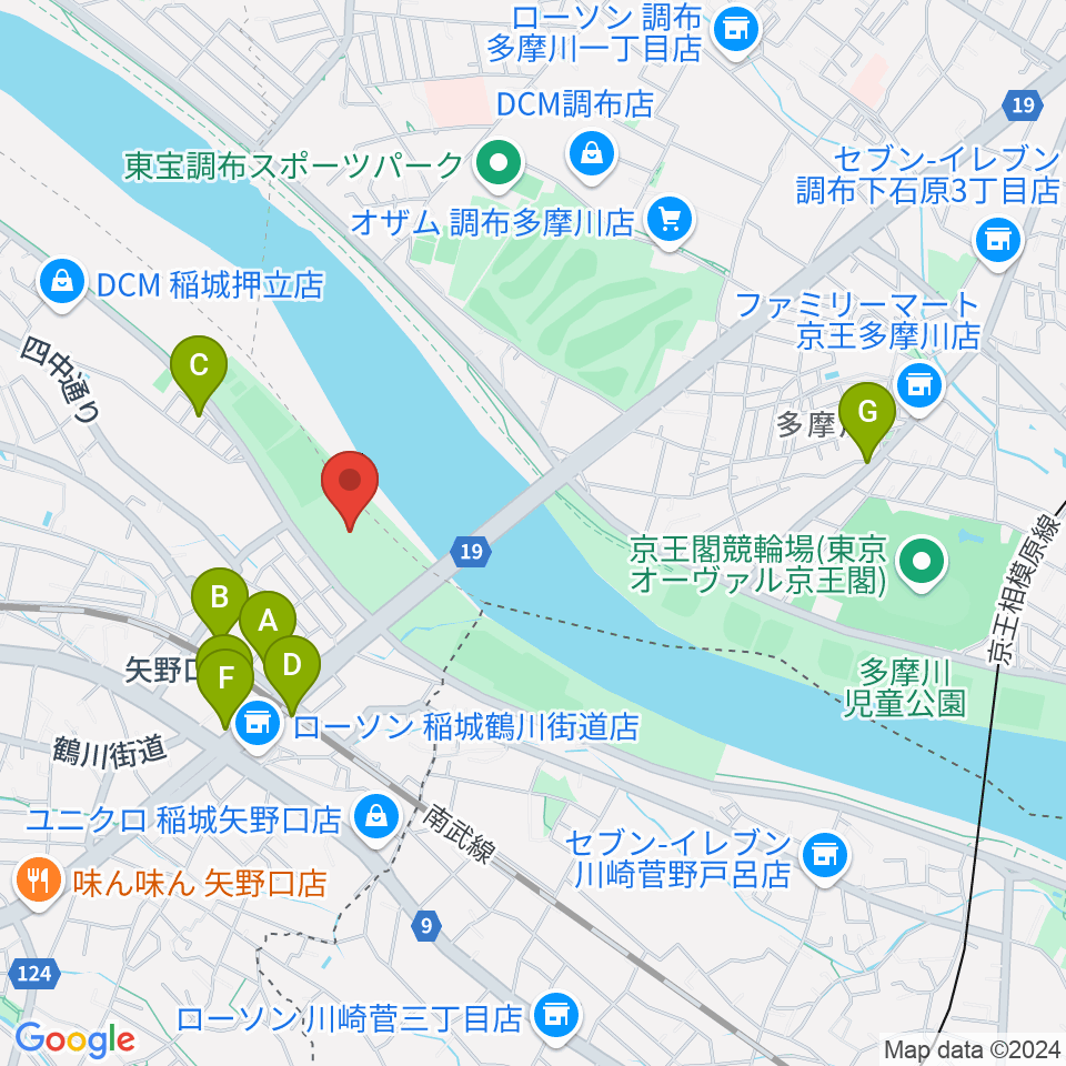 多摩川緑地公園野球場周辺のカフェ一覧地図