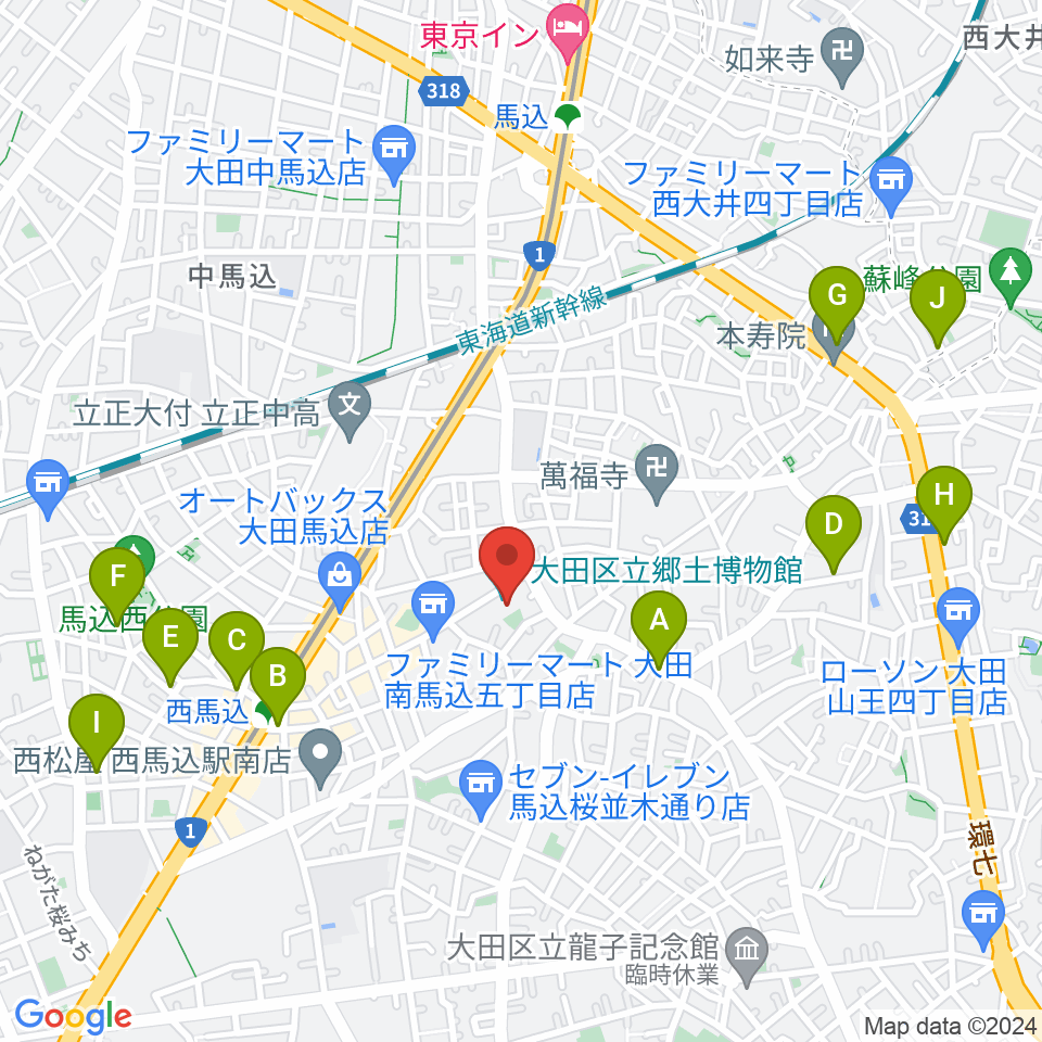 大田区立郷土博物館周辺のカフェ一覧地図