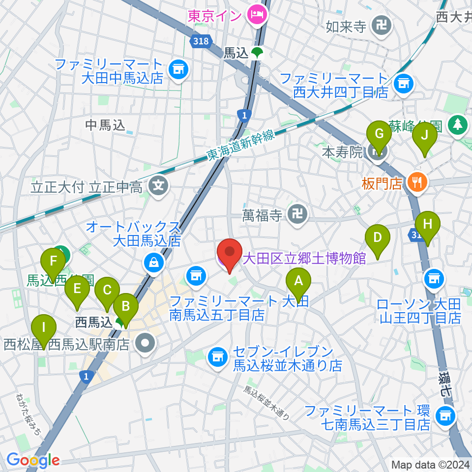 大田区立郷土博物館周辺のカフェ一覧地図