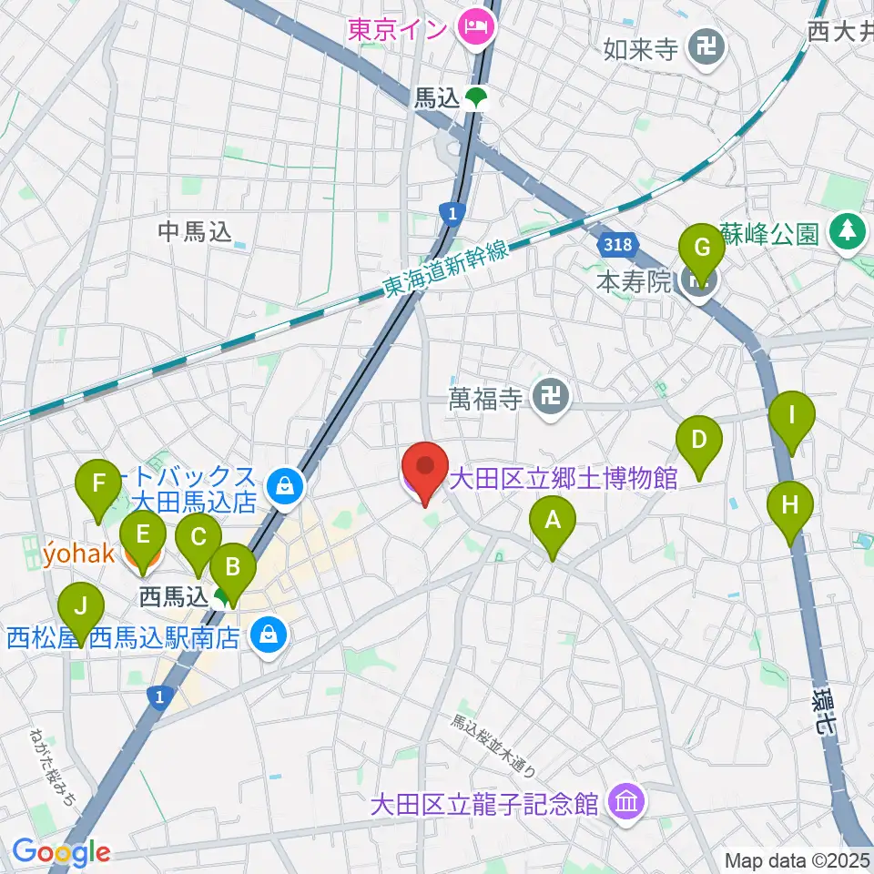 大田区立郷土博物館周辺のカフェ一覧地図