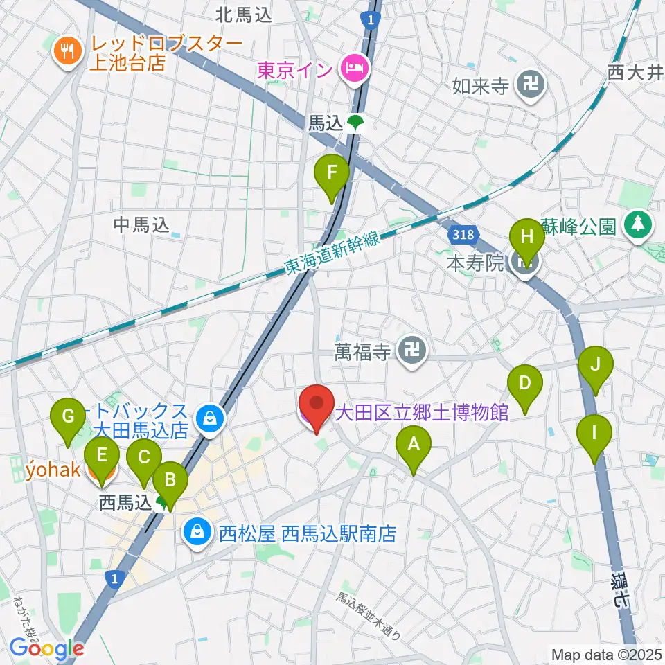 大田区立郷土博物館周辺のカフェ一覧地図