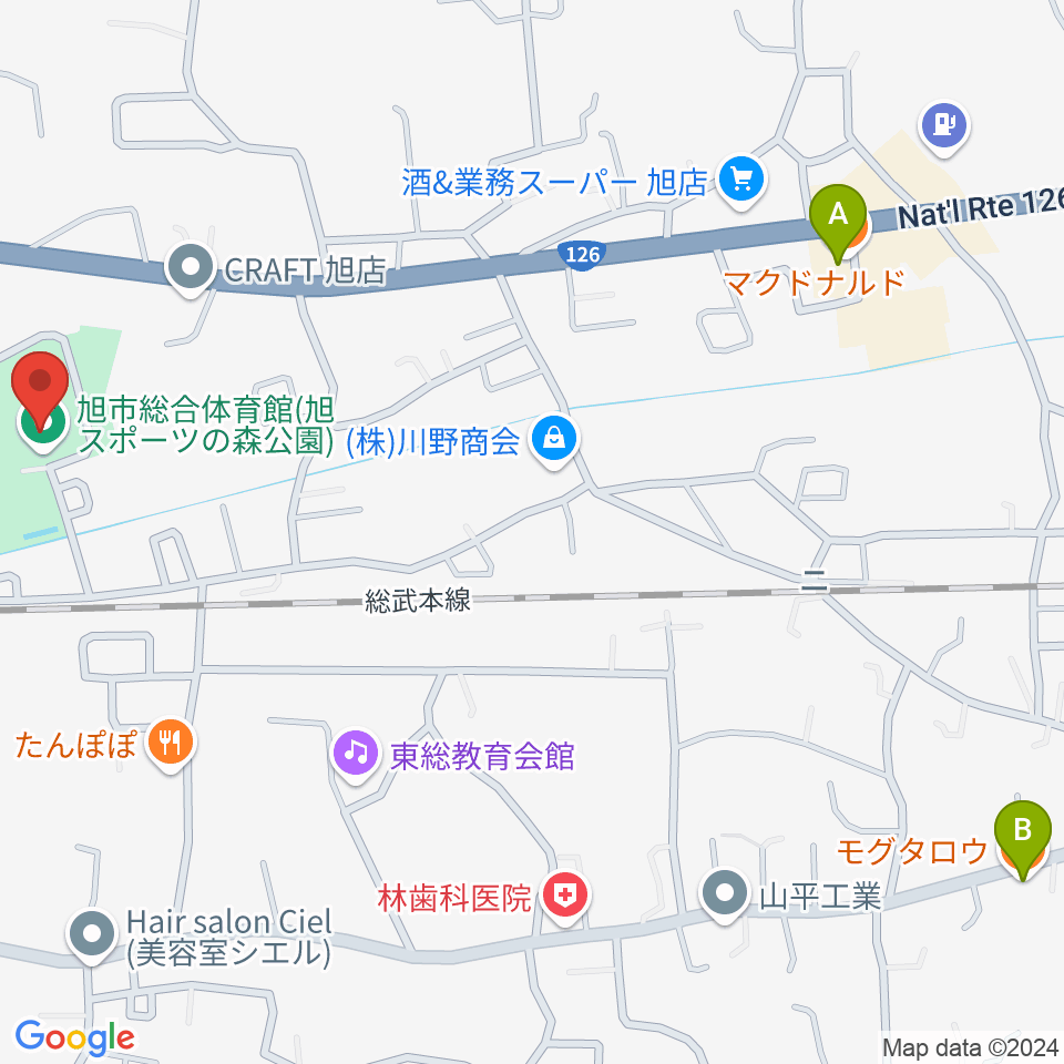 旭市総合体育館周辺のカフェ一覧地図