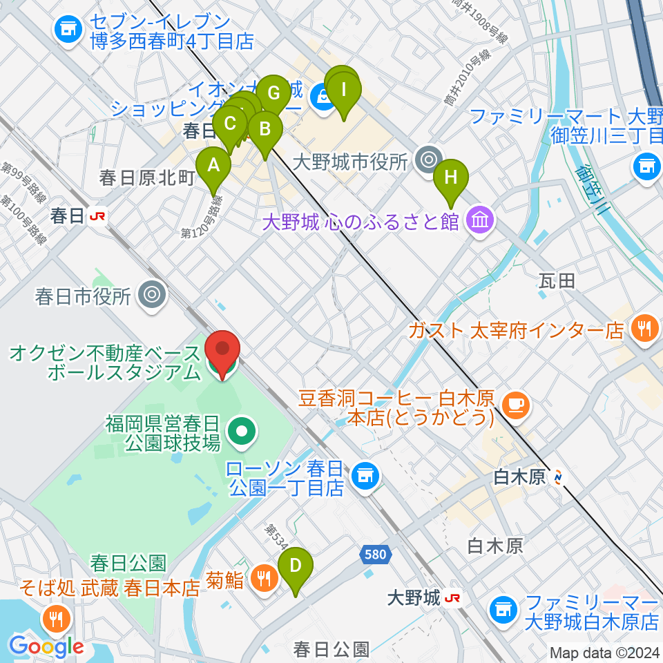 オクゼン不動産ベースボールスタジアム周辺のカフェ一覧地図