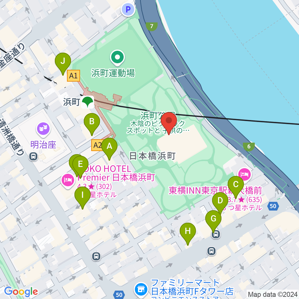 中央区立総合スポーツセンター周辺のカフェ一覧地図