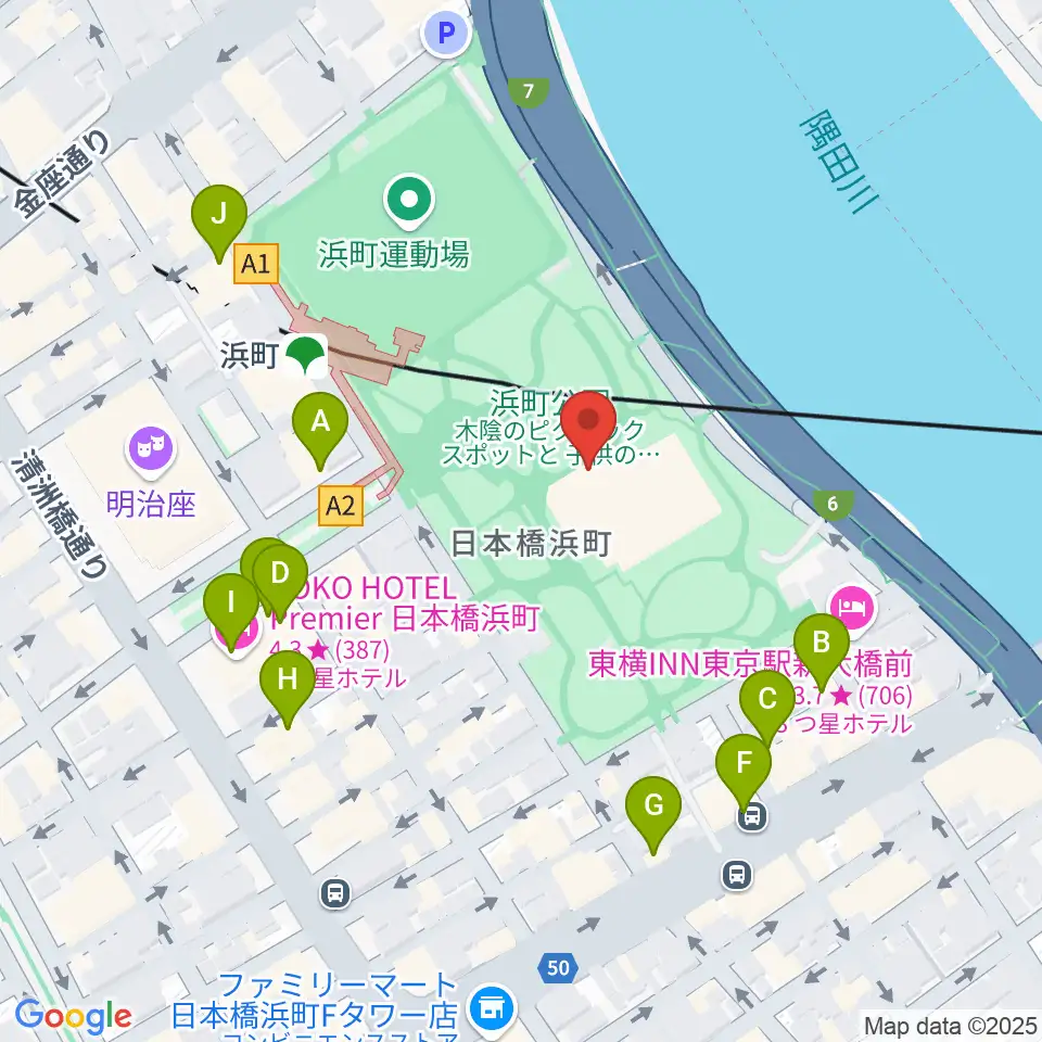 中央区立総合スポーツセンター周辺のカフェ一覧地図