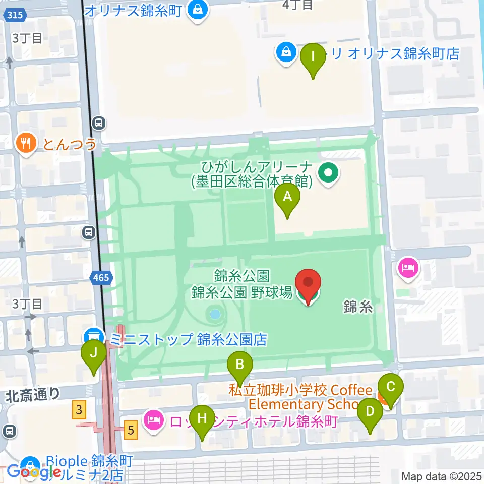 錦糸公園野球場周辺のカフェ一覧地図
