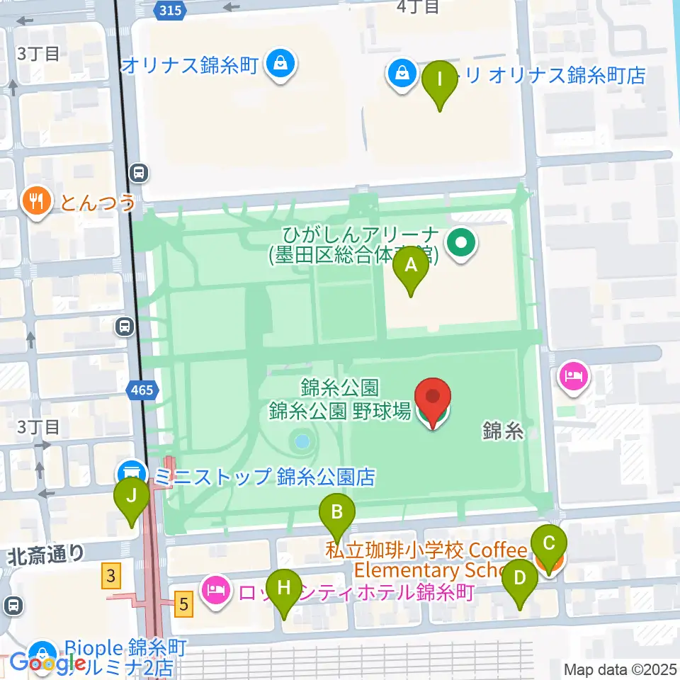 錦糸公園野球場周辺のカフェ一覧地図