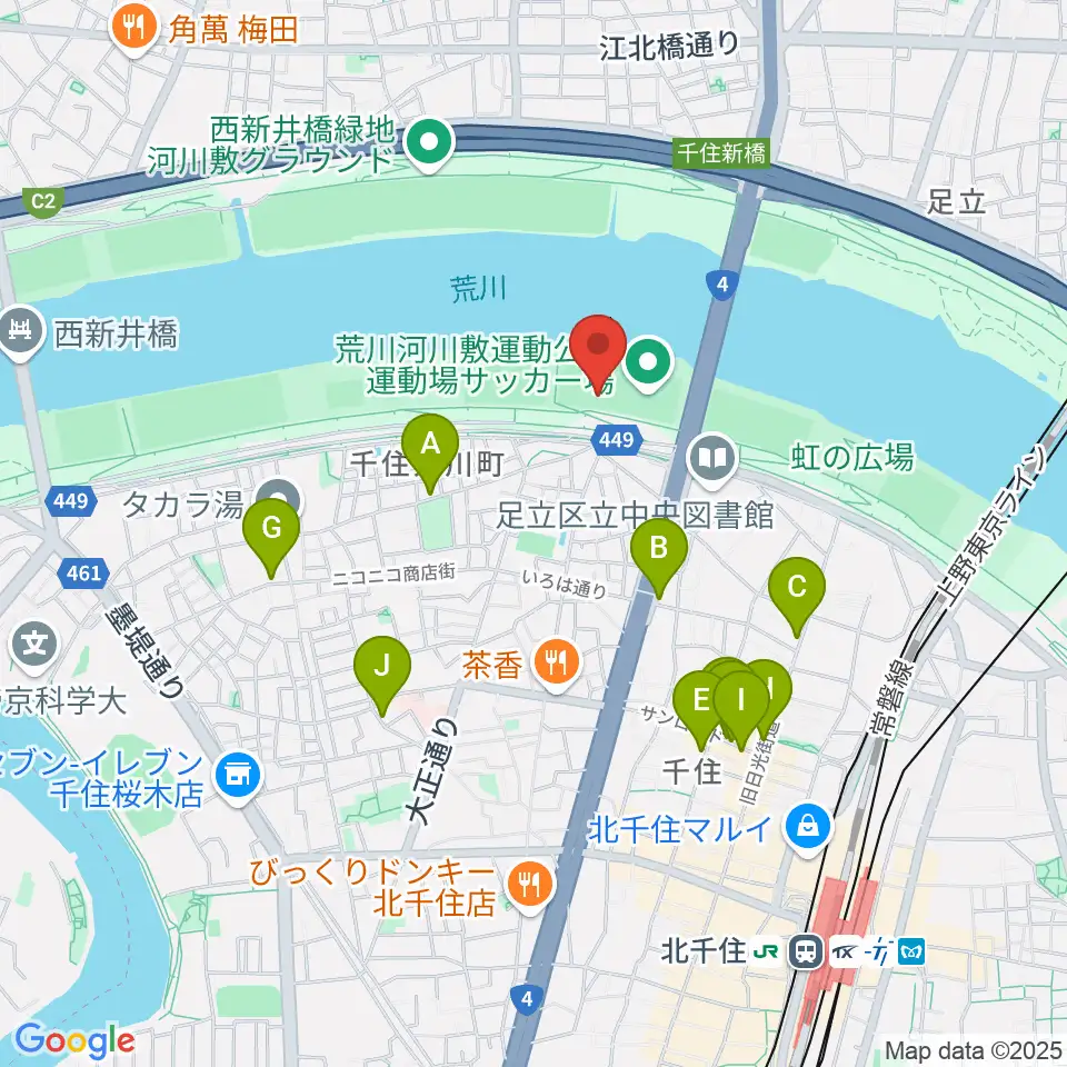 荒川河川敷運動公園野球場周辺のカフェ一覧地図