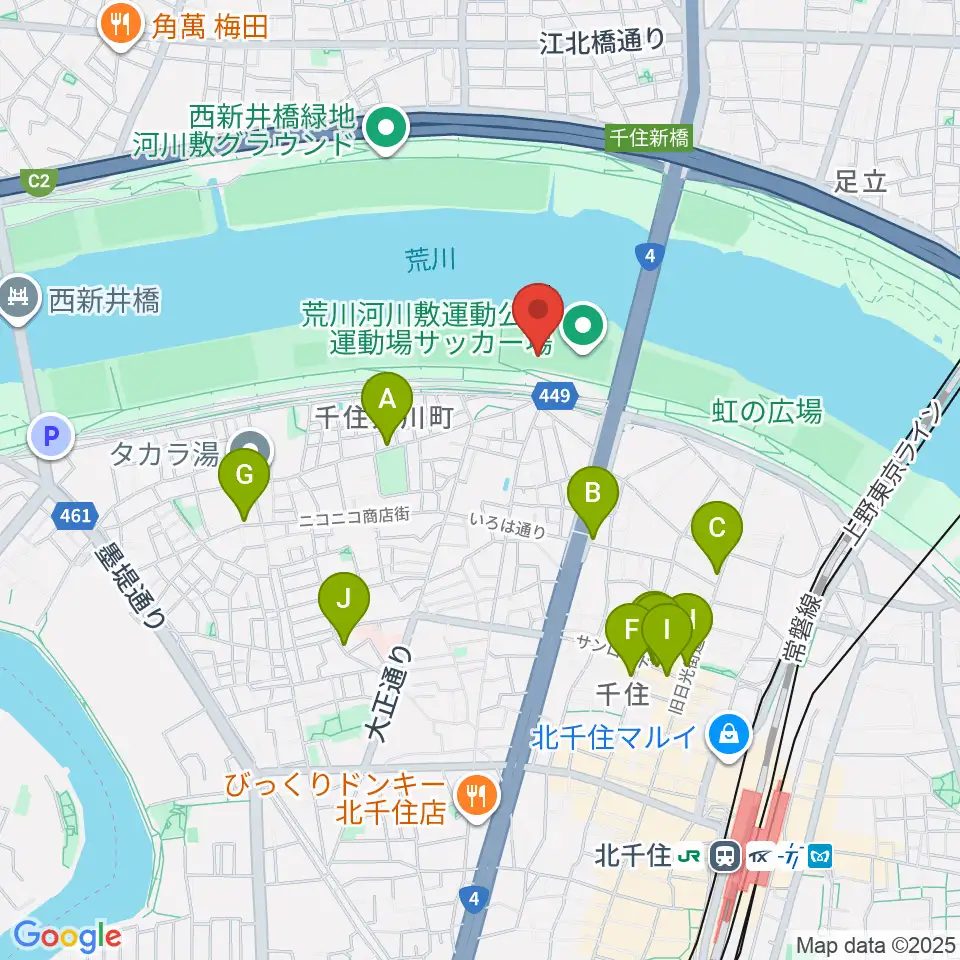 荒川河川敷運動公園野球場周辺のカフェ一覧地図