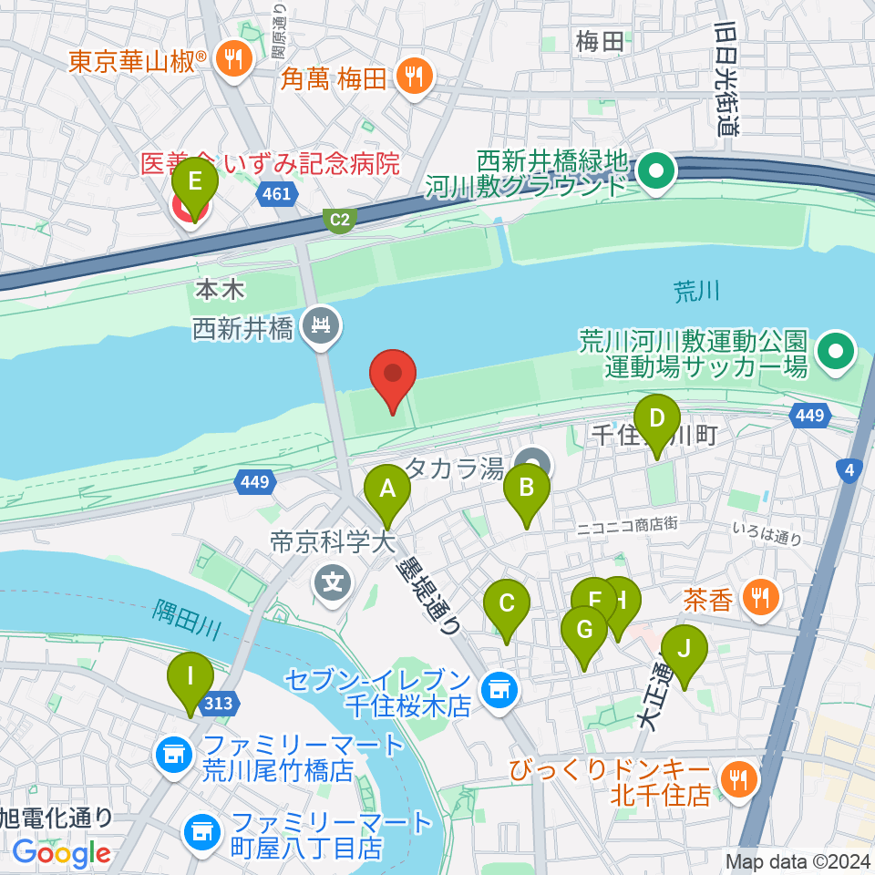 西新井橋野球場周辺のカフェ一覧地図