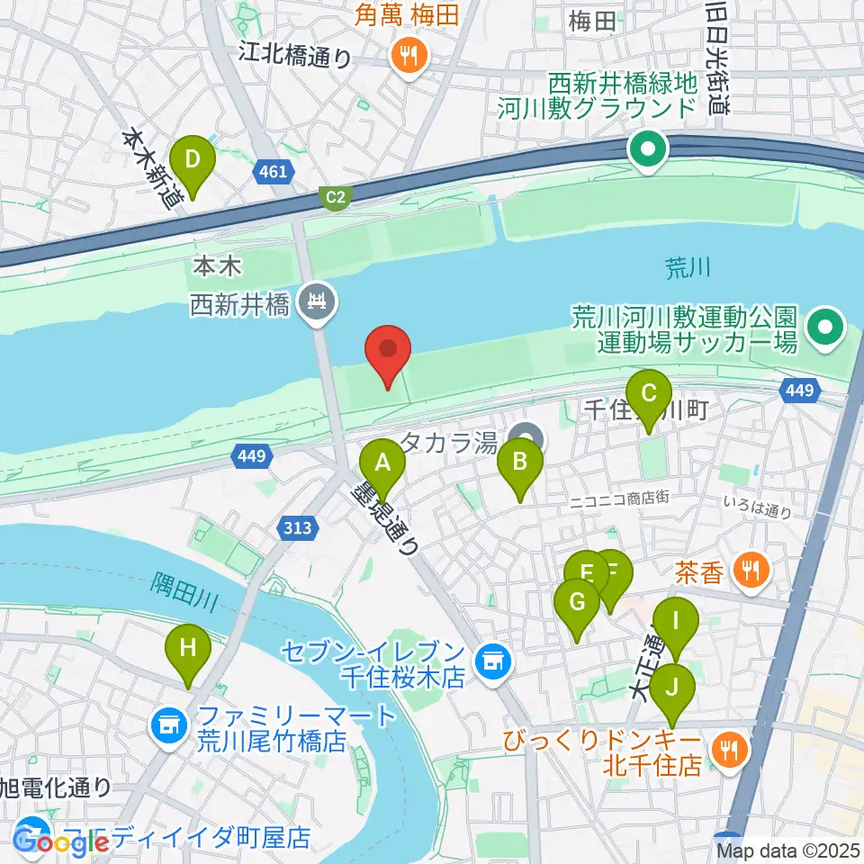 西新井橋野球場周辺のカフェ一覧地図