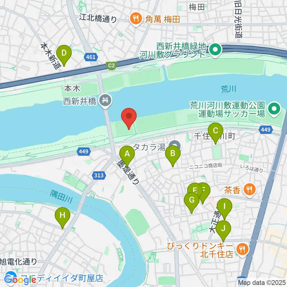 西新井橋野球場周辺のカフェ一覧地図