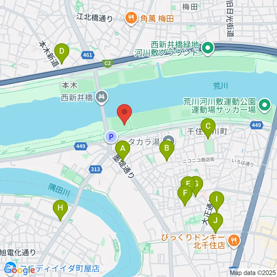 西新井橋野球場周辺のカフェ一覧地図