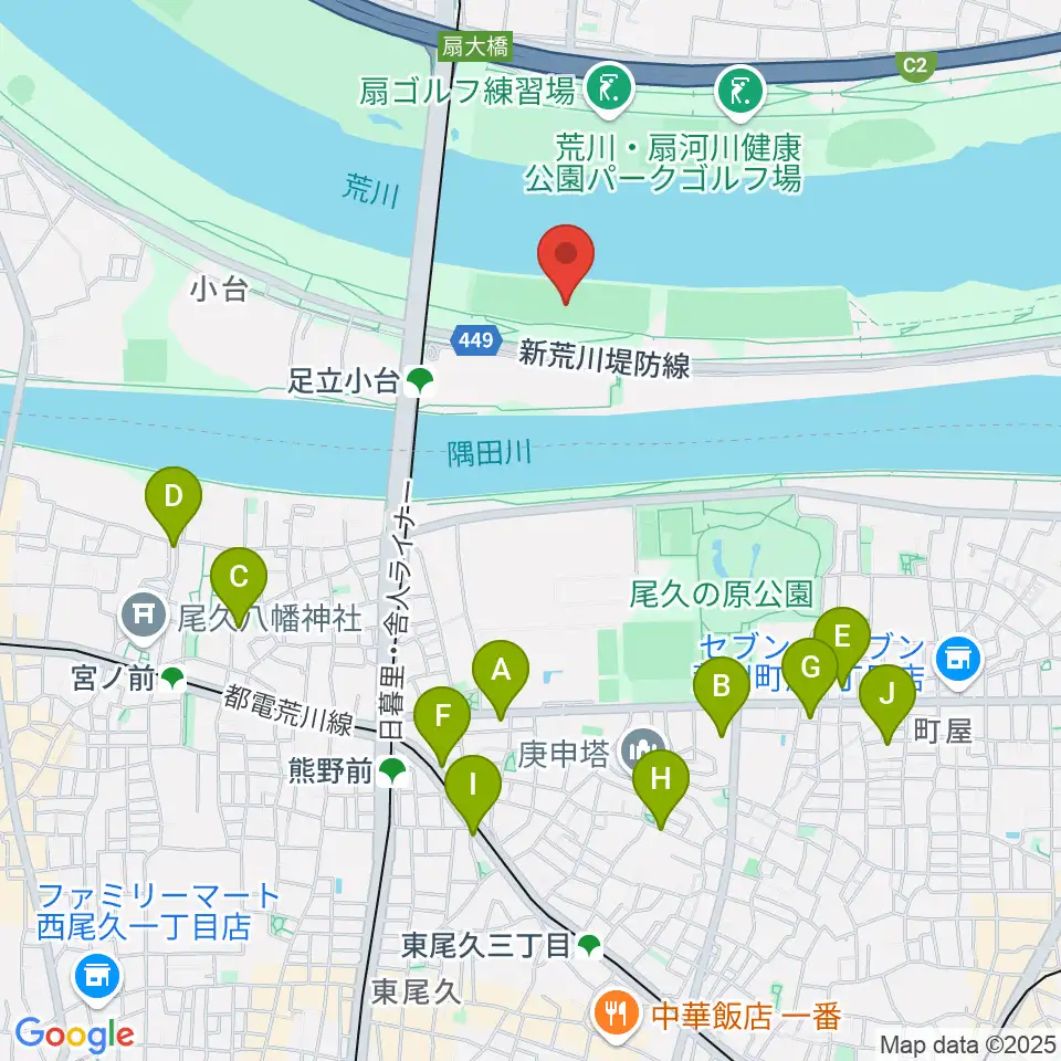 荒川区少年運動場野球場周辺のカフェ一覧地図