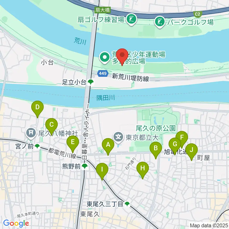 荒川区少年運動場野球場周辺のカフェ一覧地図