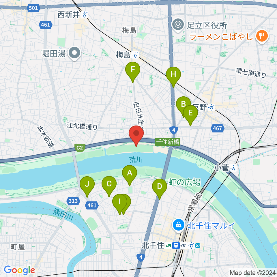 西新井橋緑地野球場周辺のカフェ一覧地図