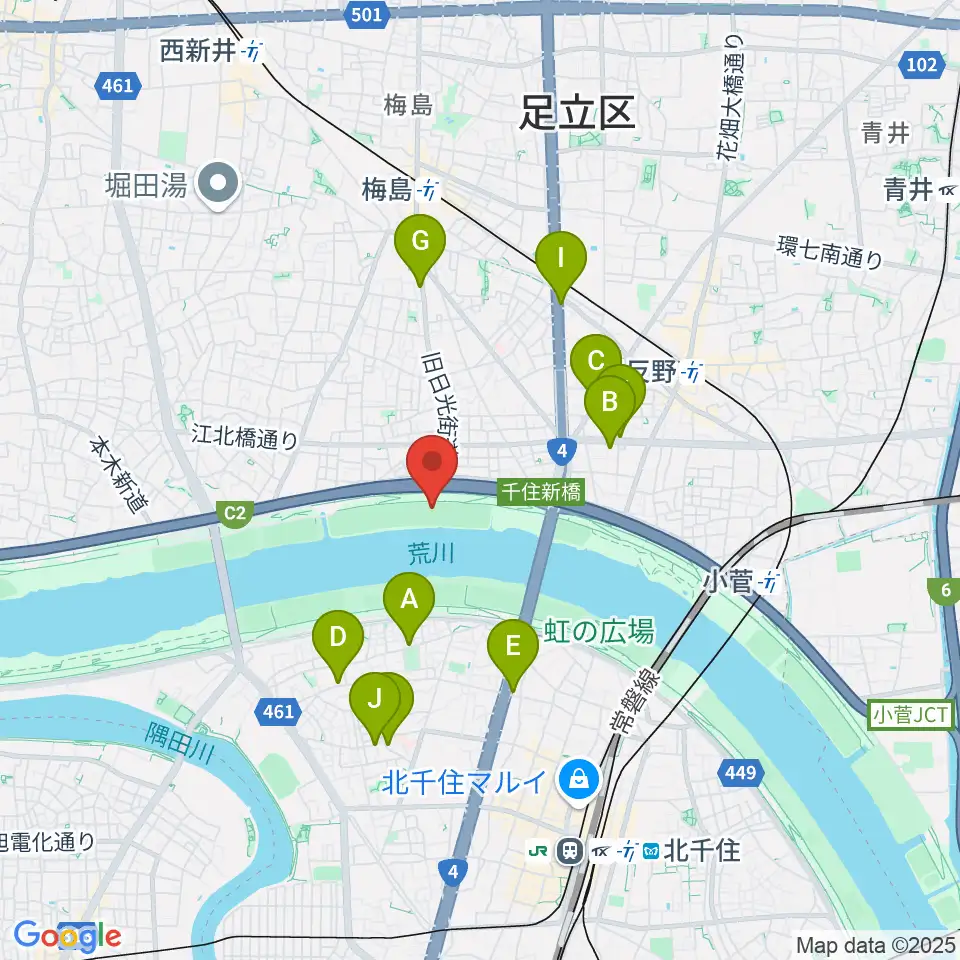西新井橋緑地野球場周辺のカフェ一覧地図