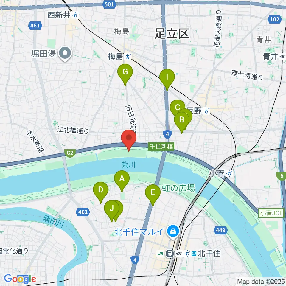 西新井橋緑地野球場周辺のカフェ一覧地図
