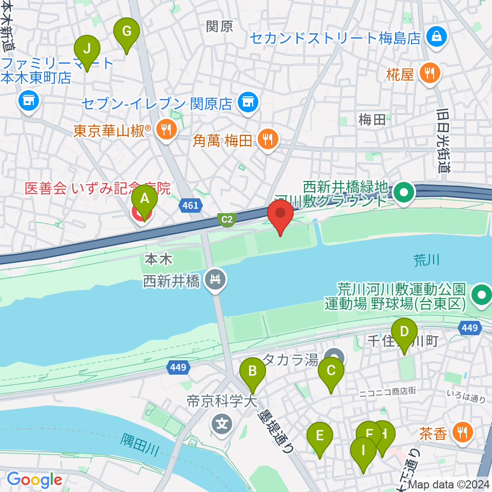 西新井橋緑地球技場周辺のカフェ一覧地図