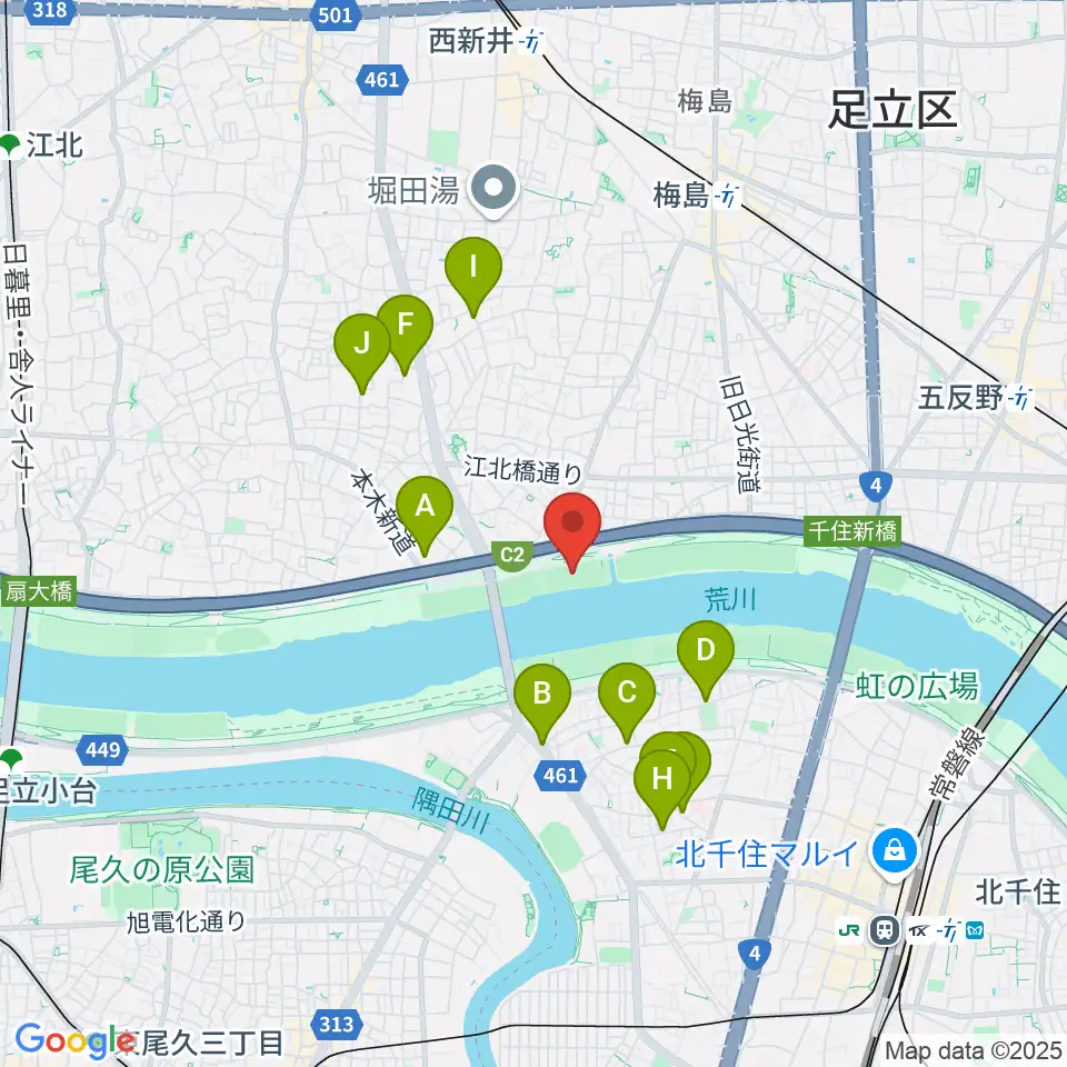 西新井橋緑地球技場周辺のカフェ一覧地図