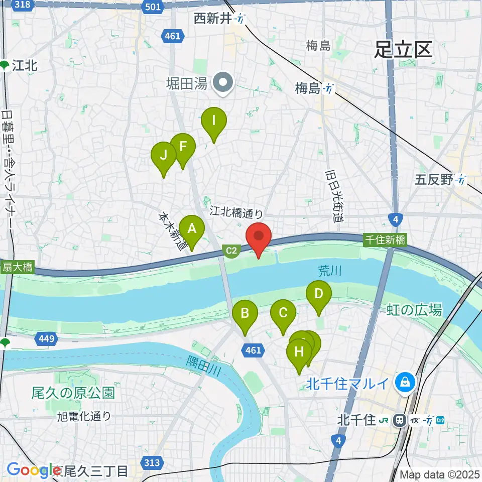 西新井橋緑地球技場周辺のカフェ一覧地図