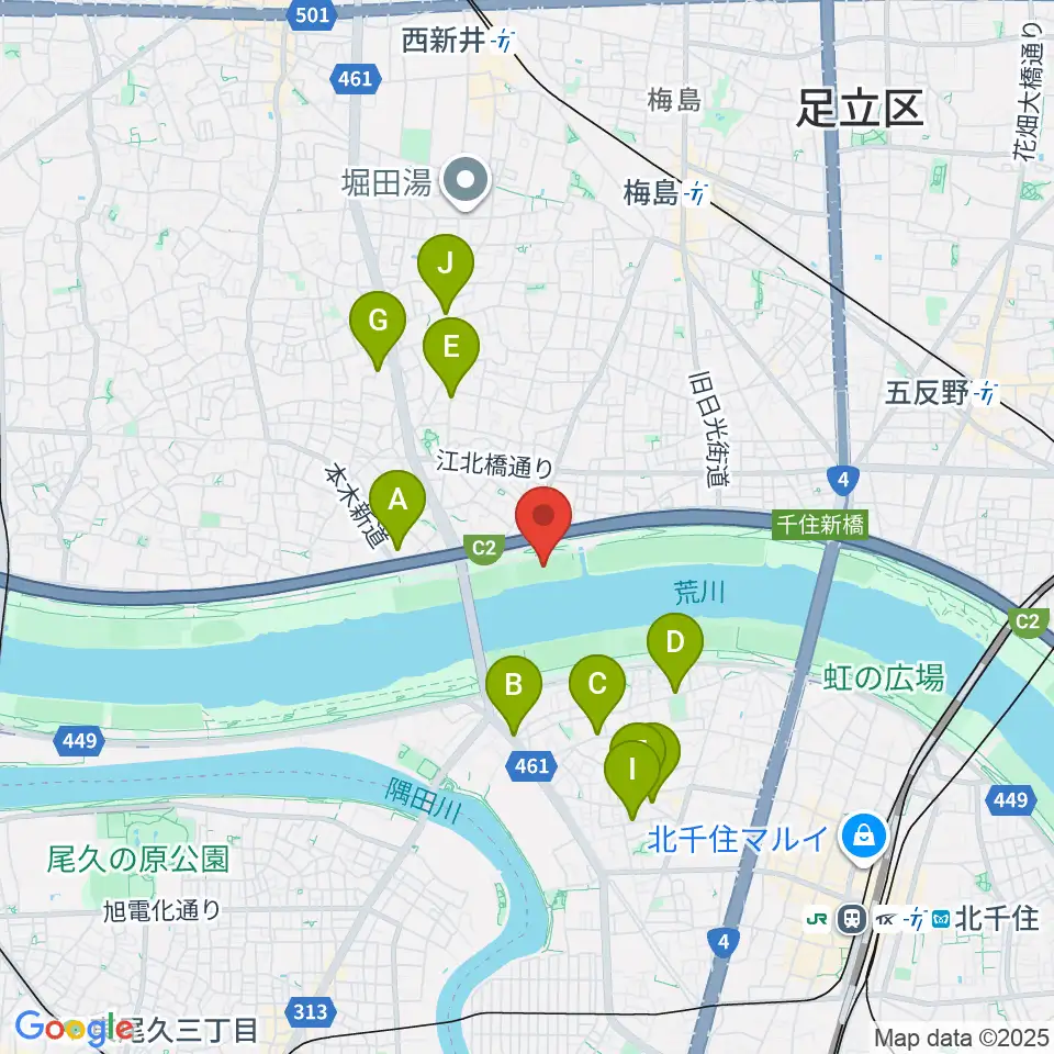 西新井橋緑地球技場周辺のカフェ一覧地図