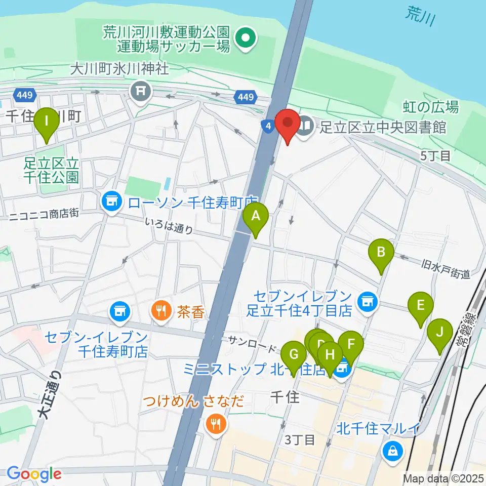 足立区生涯学習センター周辺のカフェ一覧地図