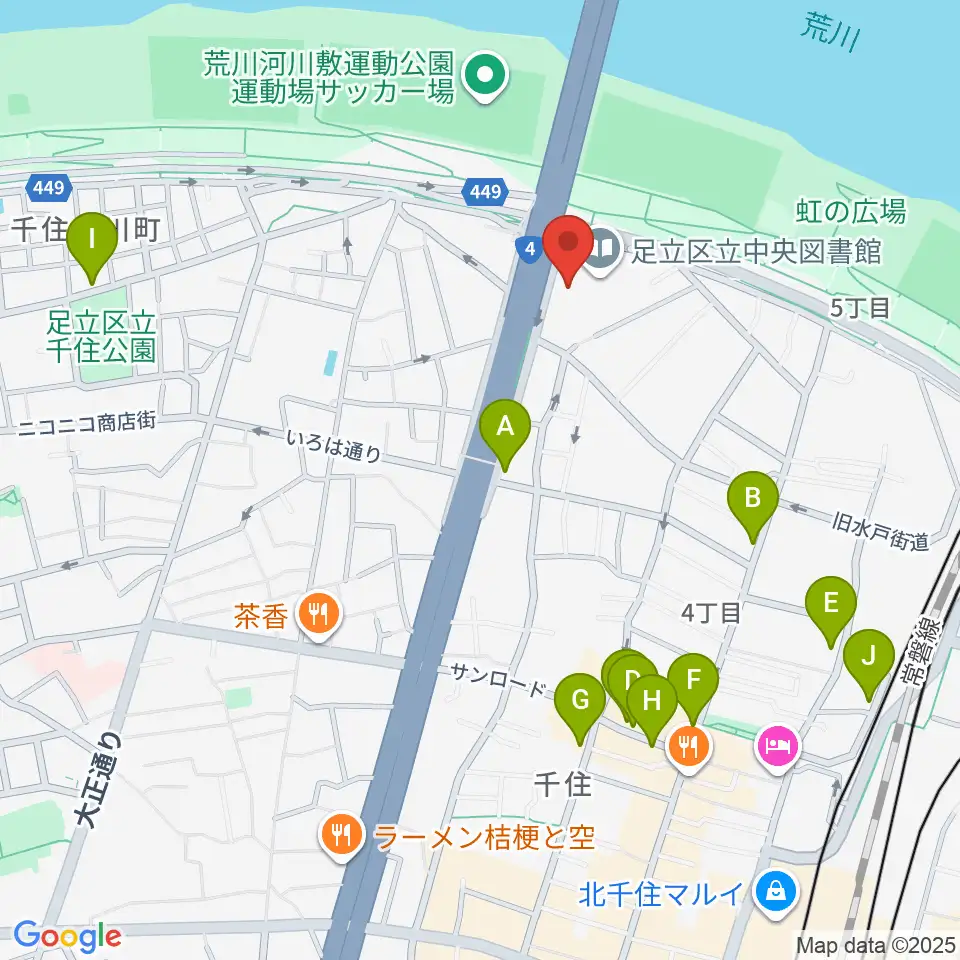 足立区生涯学習センター周辺のカフェ一覧地図