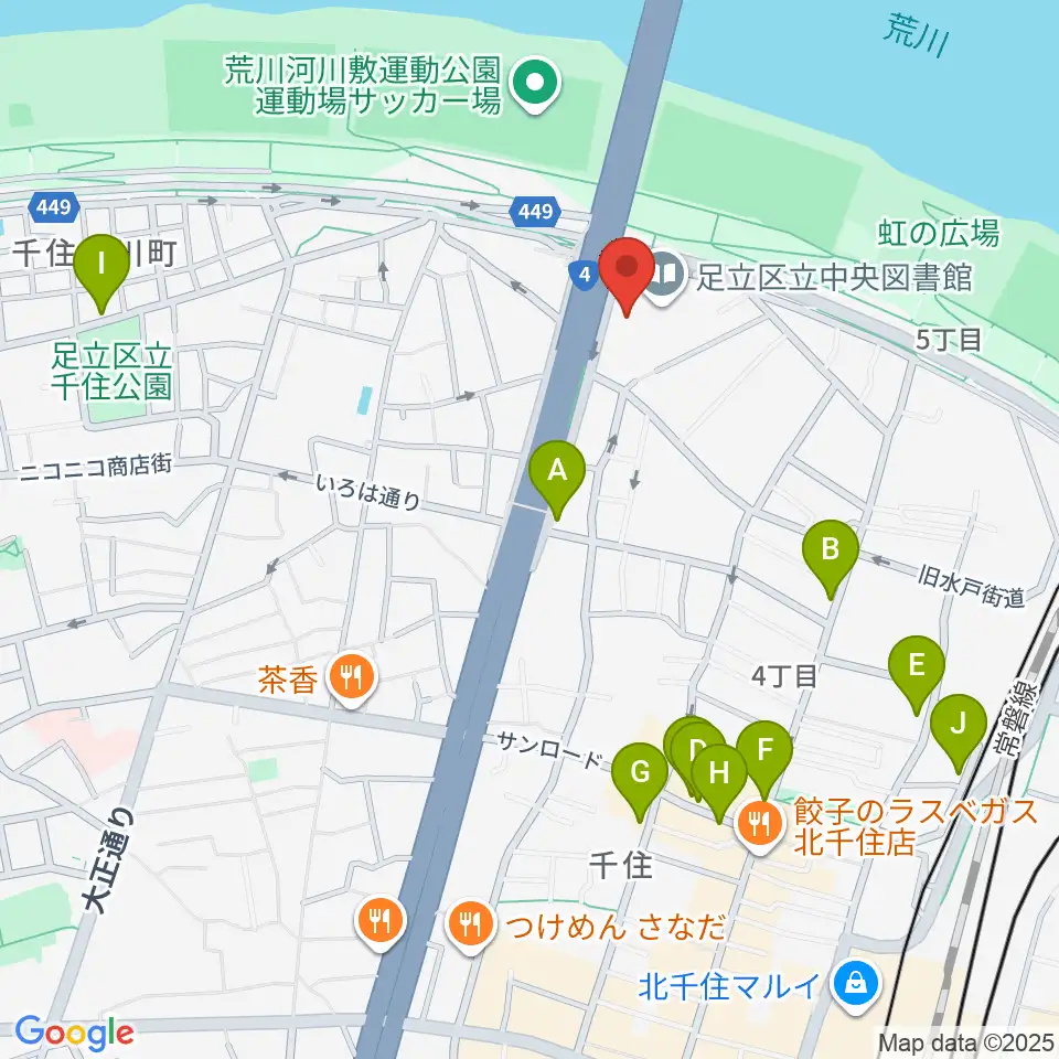 足立区生涯学習センター周辺のカフェ一覧地図