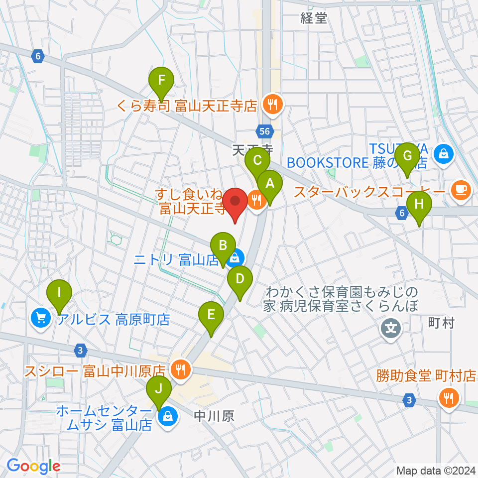 富山市2000年体育館周辺のカフェ一覧地図