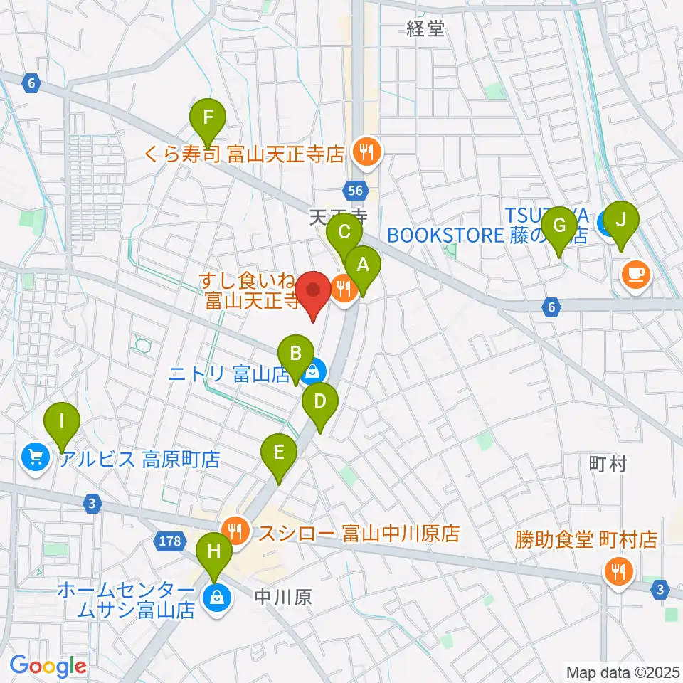 富山市2000年体育館周辺のカフェ一覧地図