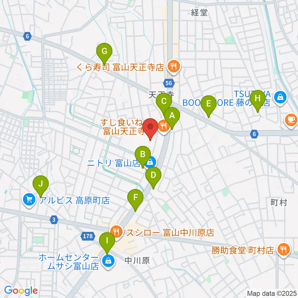 富山市2000年体育館周辺のカフェ一覧地図