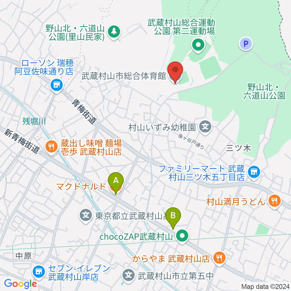 武蔵村山市総合体育館周辺のカフェ一覧地図