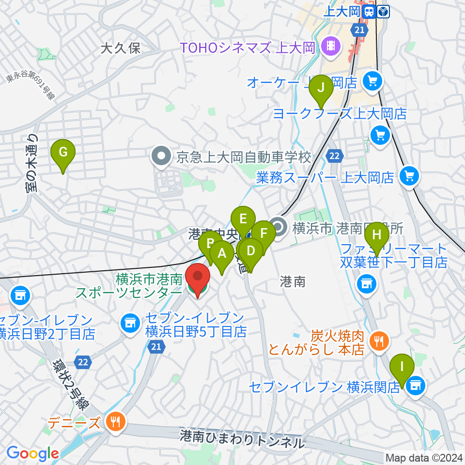 横浜市港南スポーツセンター周辺のカフェ一覧地図