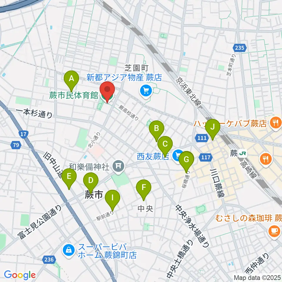 蕨市民体育館周辺のカフェ一覧地図