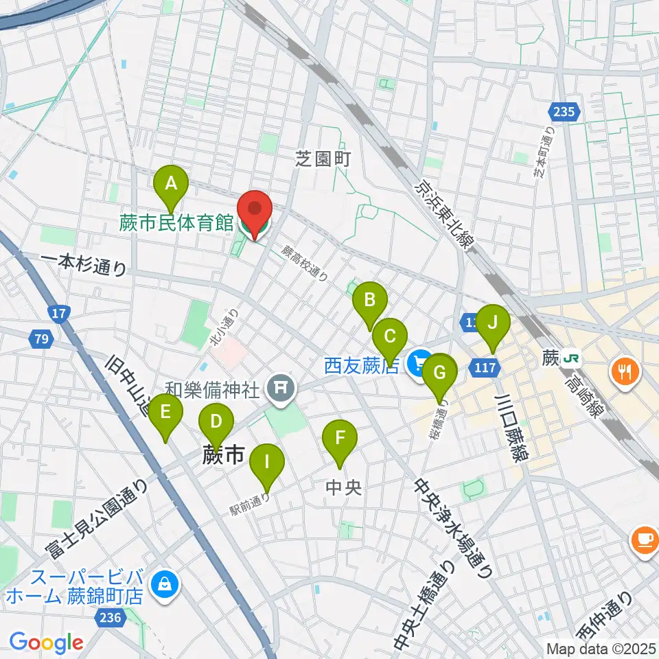 蕨市民体育館周辺のカフェ一覧地図