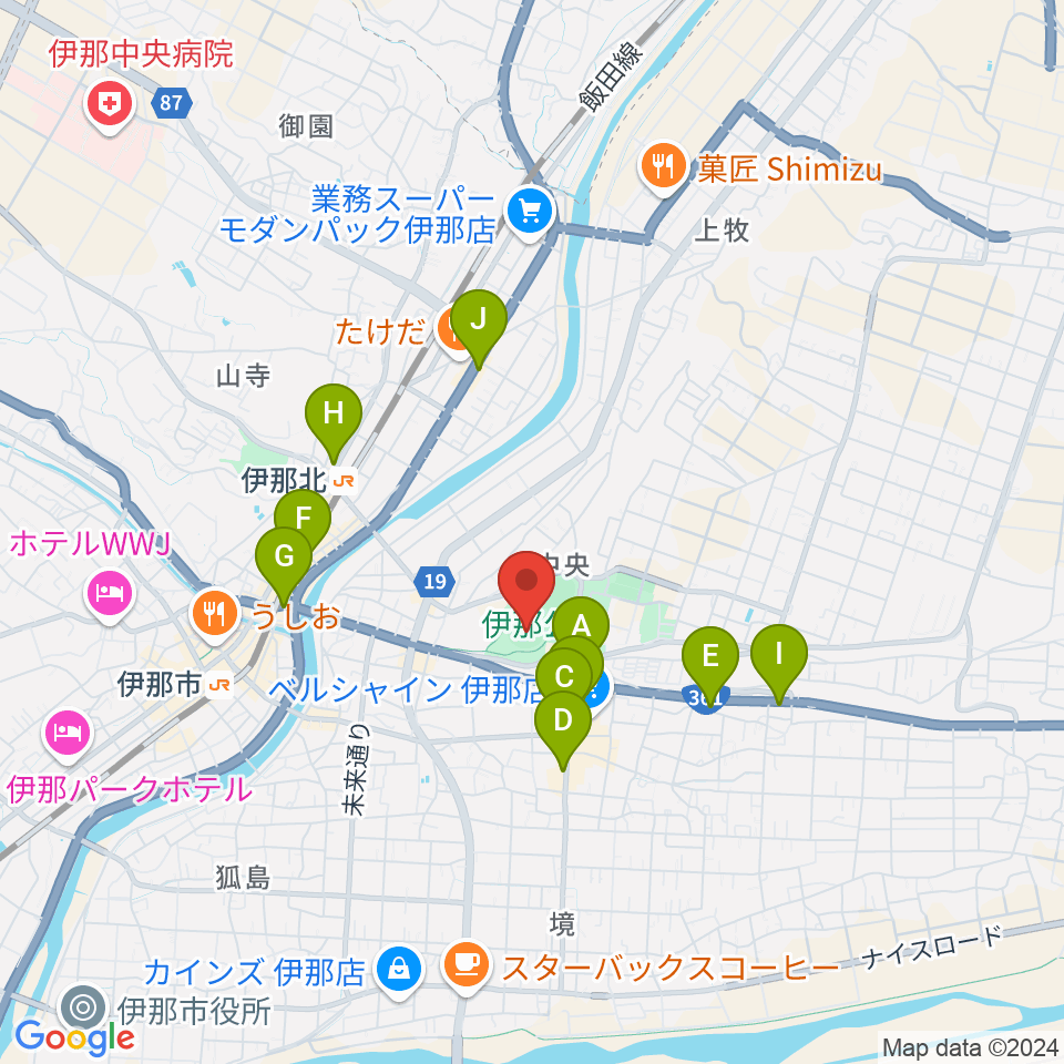 伊那ニッパツ野球場周辺のカフェ一覧地図