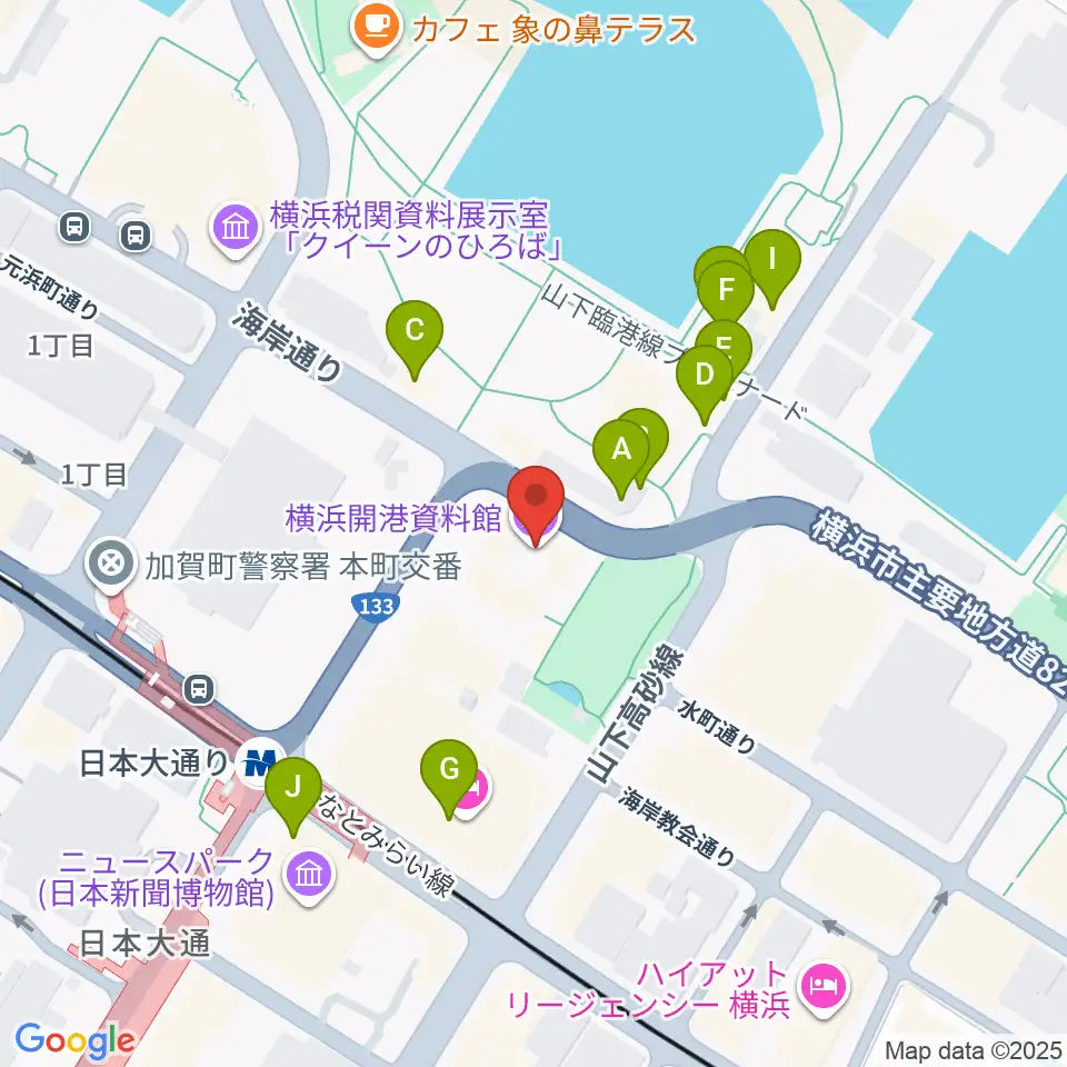 横浜開港資料館周辺のカフェ一覧地図