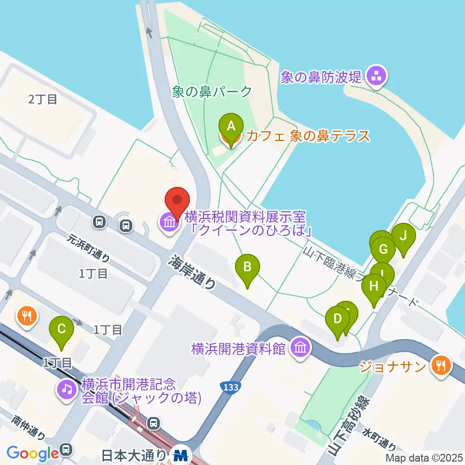 横浜税関資料展示室クイーンのひろば周辺のカフェ一覧地図