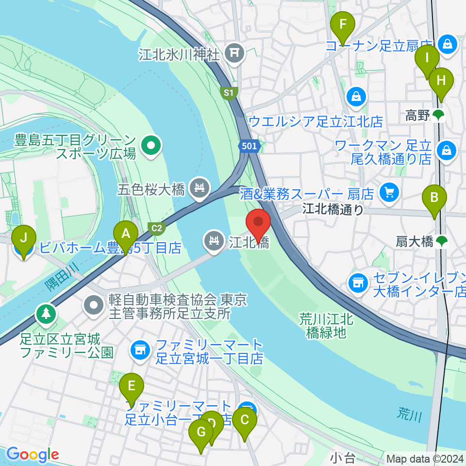 江北橋緑地左岸野球場周辺のカフェ一覧地図