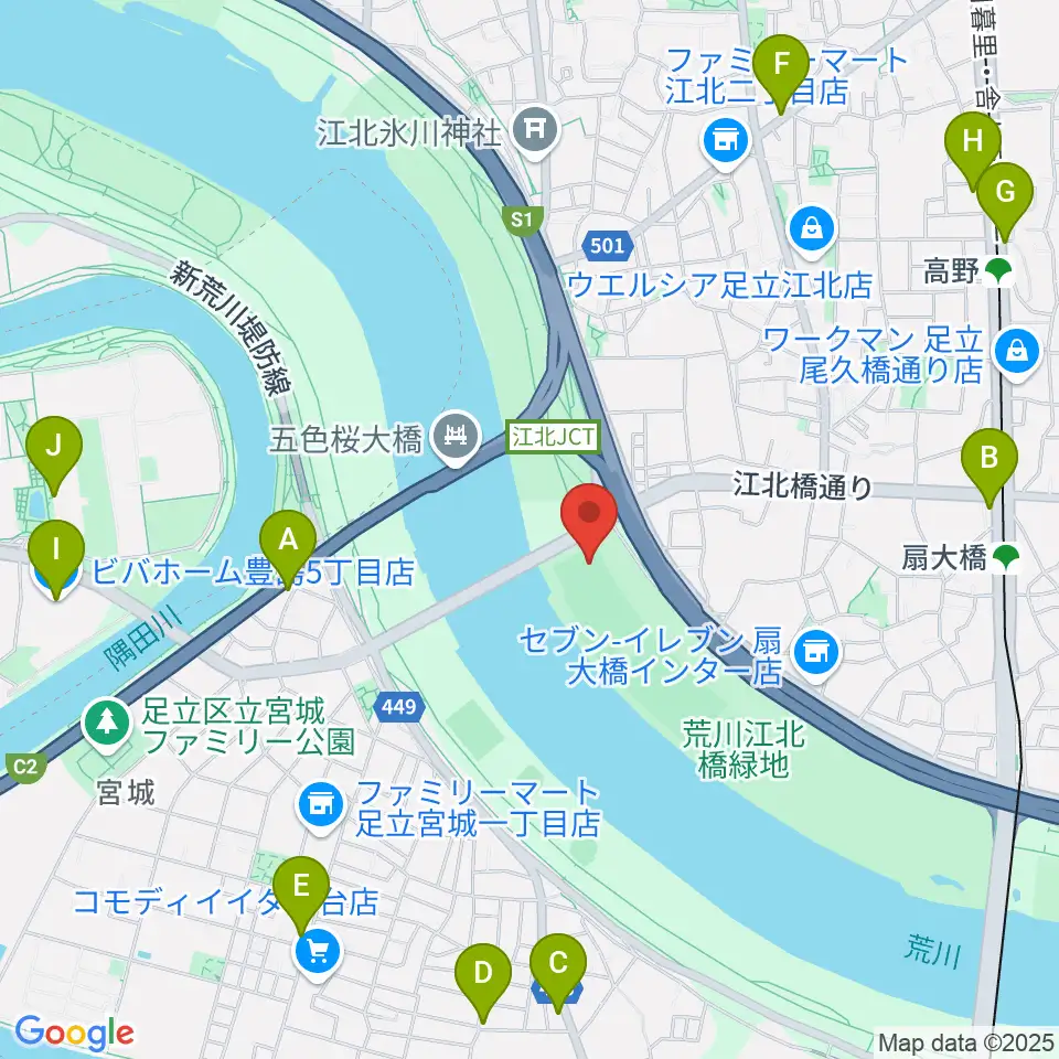 江北橋緑地左岸野球場周辺のカフェ一覧地図